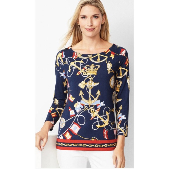 Talbots Women’s Nautical Print Bateau Neck 3/4 Sleeve Top Navy Size Petite Small - Picture 6 of 6